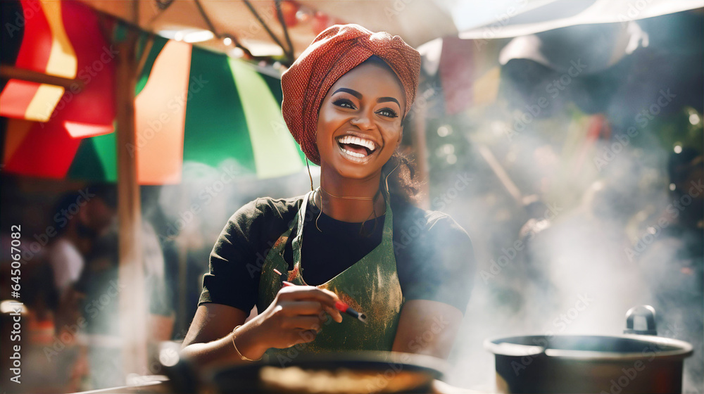 Happy attractive African woman cooking food on street market and smile to camera. Travel, food, holidays concept  - obrazy, fototapety, plakaty 