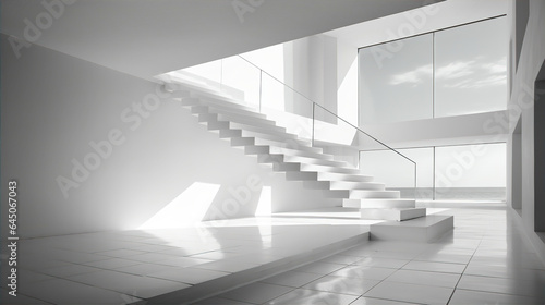 Minimalistic interior with concrete great walls, stairs and artistic shadows. 