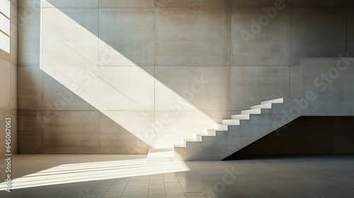 Minimalistic interior with concrete great walls, stairs and artistic shadows. 