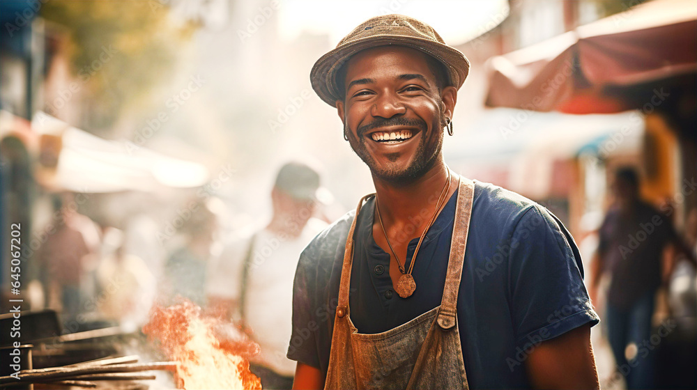 Happy attractive African man cooking food on street market and smile to camera. Travel, food, holidays concept  - obrazy, fototapety, plakaty 
