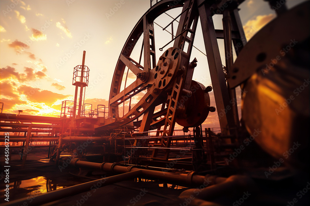 Abandoned oil pump jack, mining equipment deteriorating due to economy crisis and world sanctions.  - obrazy, fototapety, plakaty 