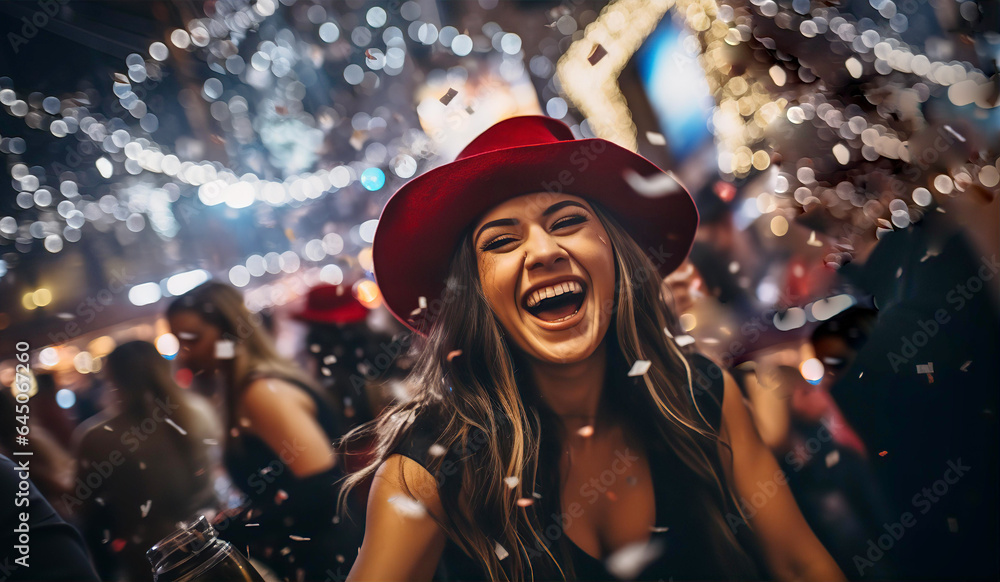 Fototapeta premium Happy young people through up confetti at night club party. Friendship, happiness, celebration, togetherness idea