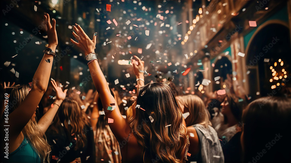 Happy young people through up confetti at night club party. Friendship, happiness, celebration, togetherness idea
