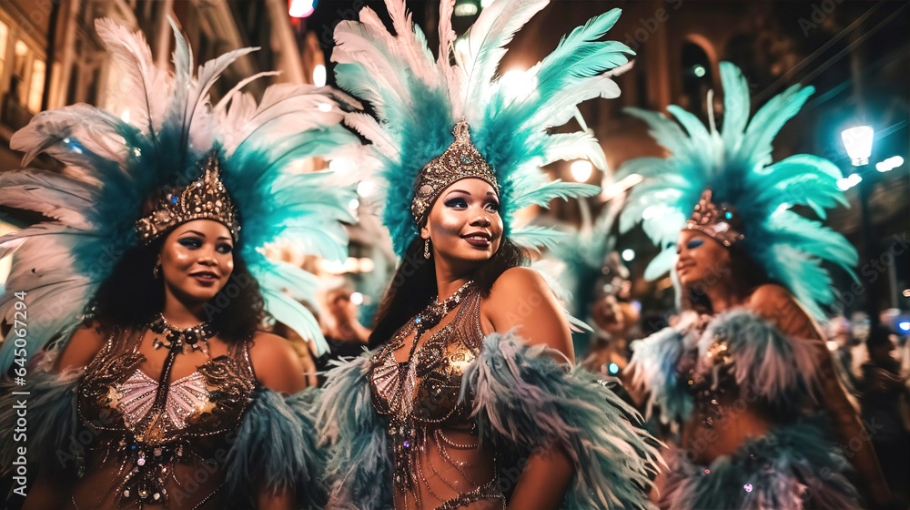 Brazilian carnival. Beautiful Dancers in outfit with feathers and wings enjoying the parade, smile to crowd Brazilian carnival. Beautiful Dancers in outfit with feathers and wings enjoying the parade, smile to crowd
