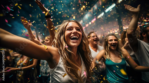 Happy young people through up confetti at night club party. Friendship, happiness, celebration, togetherness idea