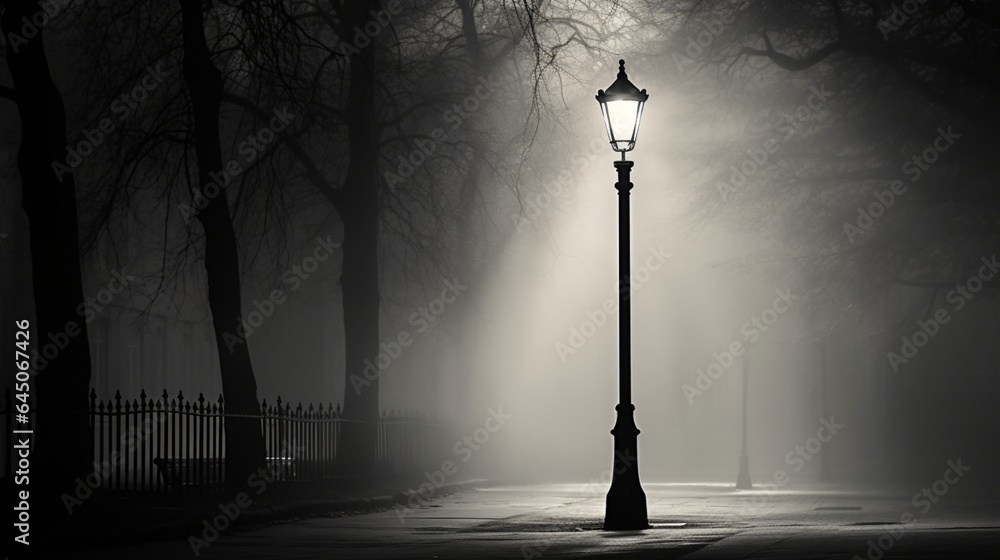 An old-fashioned lamppost casting warm light on a misty black and white street - obrazy, fototapety, plakaty 