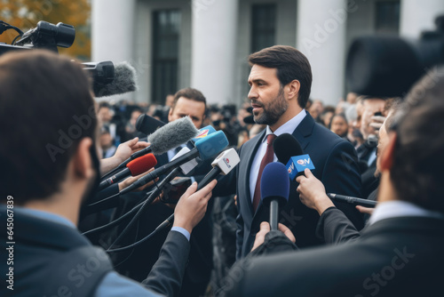 Canvas Print An politician gives interview to TV reporters