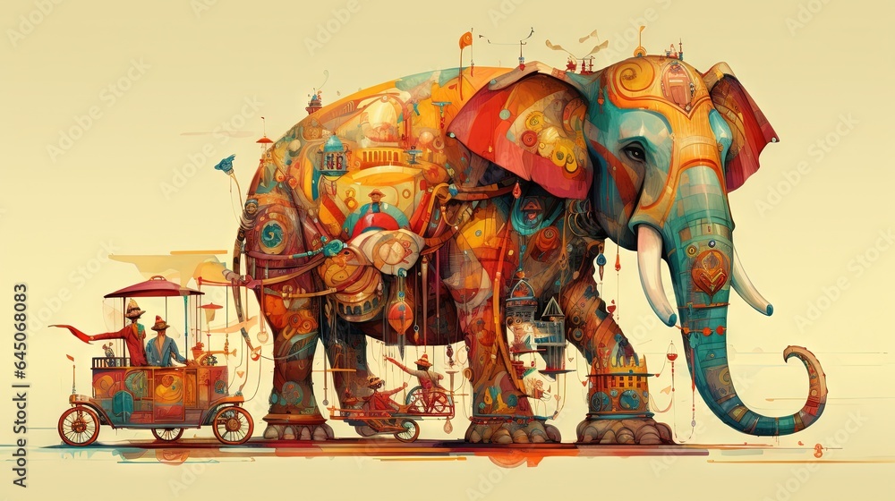 Obraz premium a painting of an elephant with a cart in front of it. generative ai