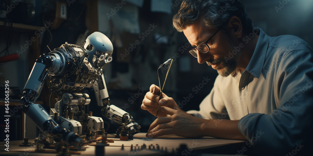 Man makes a robot. Creation of a robot concept. Man makes a robot. Creation of a robot concept.