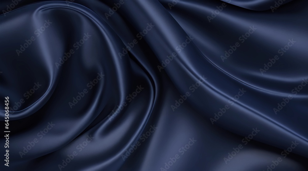 Fototapeta premium Elegant navy silk satin with a luxurious abstract design, perfect for Christmas, birthdays, or romance. Smooth, shiny fabric with soft folds, gradient, lines, and wavy patterns.