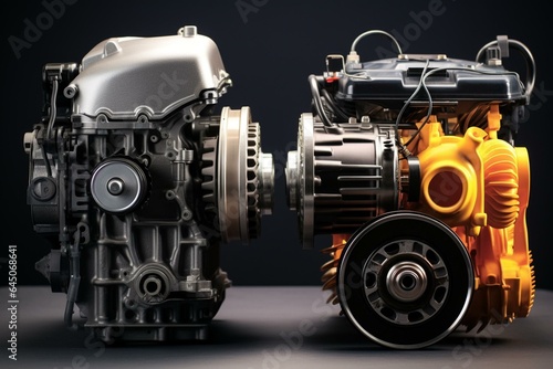 Comparison between electric motor and combustion engine in terms of power source: electric power and gasoline power. Generative AI