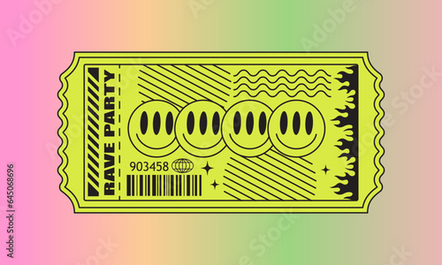 y2k acid rave abstract ticket. Psychedelic trippy smiles and geometric shapes. 90s grunge cover, card, poster design. Neon retro sticker