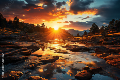 Majestic sunset in the mountains landscape. Colorful summer sunrise.