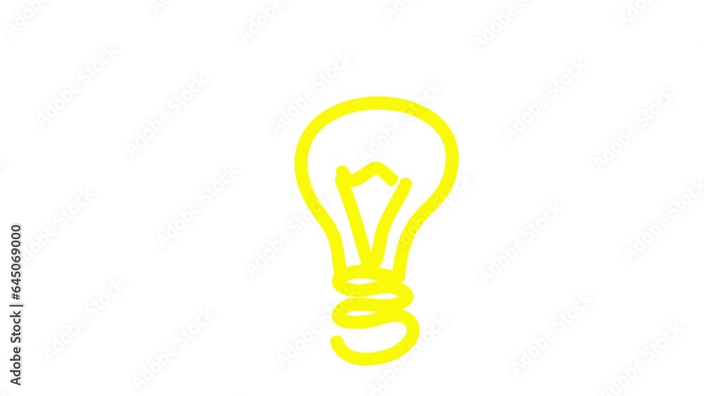 Animated yellow icon of lightbulb. Concept of idea and creative. Symbol is drawn gradually. Looped video. Line vector illustration isolated on white background. Animated yellow icon of lightbulb. Concept of idea and creative. Symbol is drawn gradually. Looped video. Line vector illustration isolated on white background.