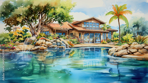 illustration of a villa with a dream garden in watercolor style
