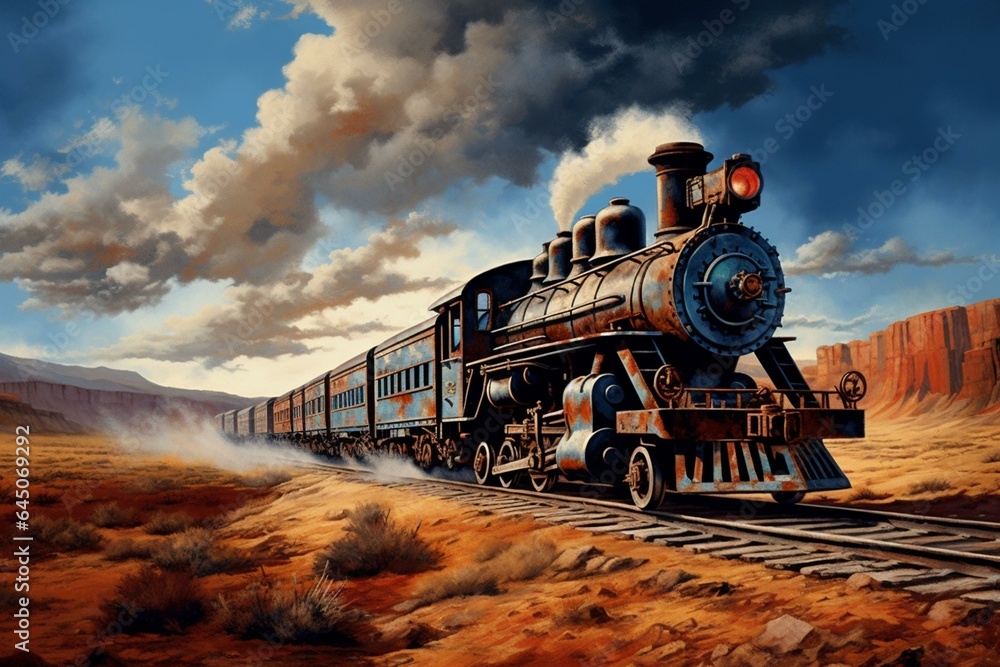 Fast steam locomotive racing through arid landscape, artistic depiction. Generative AI - obrazy, fototapety, plakaty 