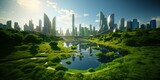 science fiction cityscape, green eco city concept, futuristic high-tech city with advanced infrastructure