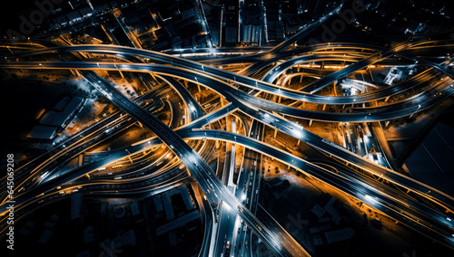 Aerial portrait of a busy intersection, symmetrical chaos, nightscapes.