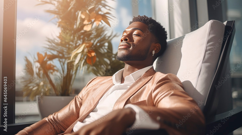 Candid portrait of a wealthy, successful African American man relaxing in a luxury condo, pensive, looking outdoors. Close up of a succesfull black business man. Candid portrait of a wealthy, successful African American man relaxing in a luxury condo, pensive, looking outdoors. Close up of a succesfull black business man.