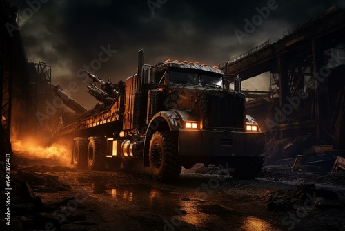Intense lighting accentuates large vehicle against industrial background. Generative AI