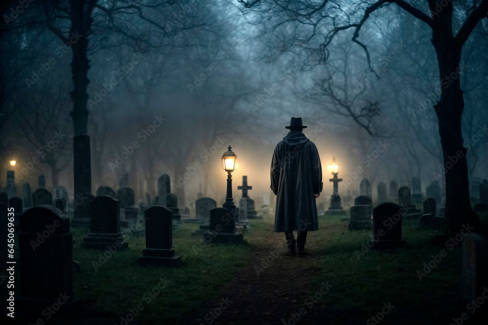 Person with coat and hat is in a dark cemetery, surrounded by old gravestones. The light from dim lantern illuminate the scene Person with coat and hat is in a dark cemetery, surrounded by old gravestones. The light from dim lantern illuminate the scene