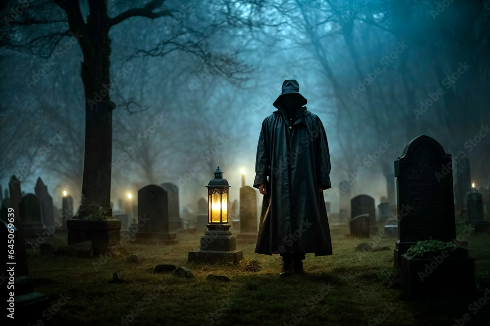 Person with coat and hat is in a dark cemetery, surrounded by old gravestones. The light from dim lantern illuminate the scene