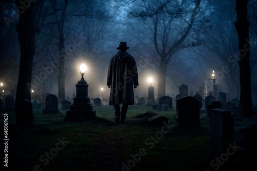 Person with coat and hat is in a dark cemetery, surrounded by old gravestones. The light from dim lantern illuminate the scene