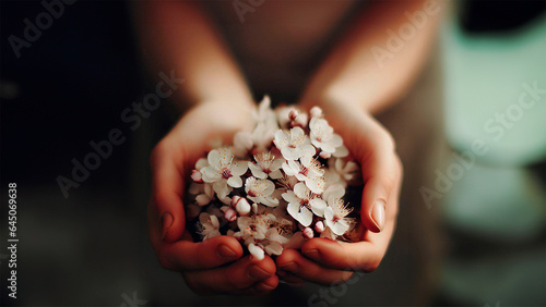 Hands holding a different blossoms  and flowers
