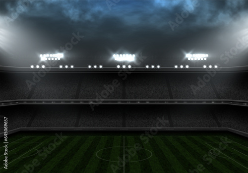 Football stadium with green field illuminated by spotlights. Vector template for your design.