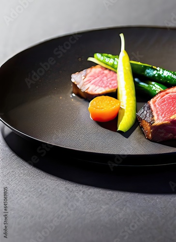 Food photography, grilled beef and vegetables