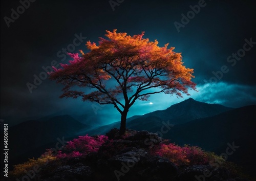 silhouette of a tree  neon color leaves on a top of a mountain dark background