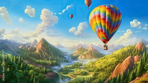 fantasy illustration of a hot air balloon over a rocky landscape
