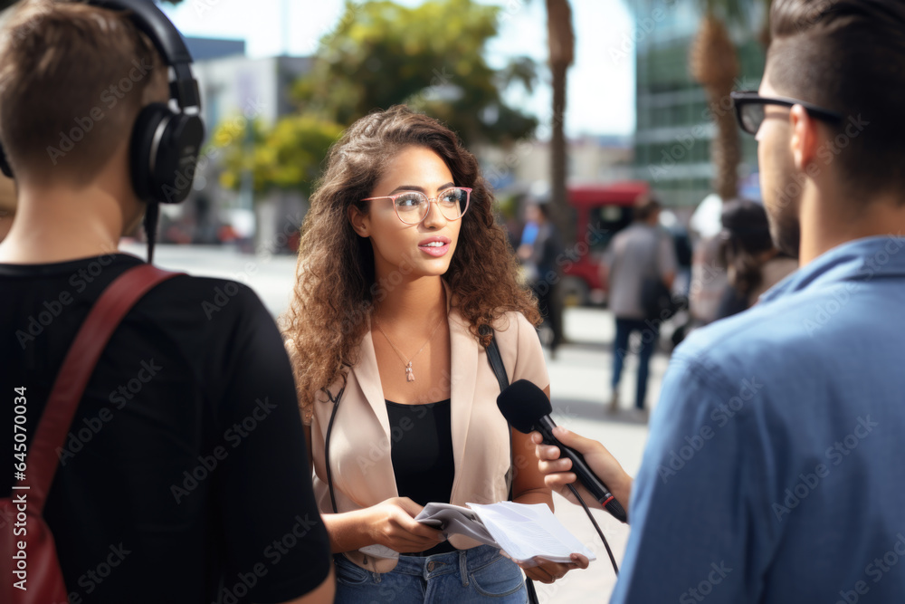 Young beautiful woman activist gives interviews outdoors

