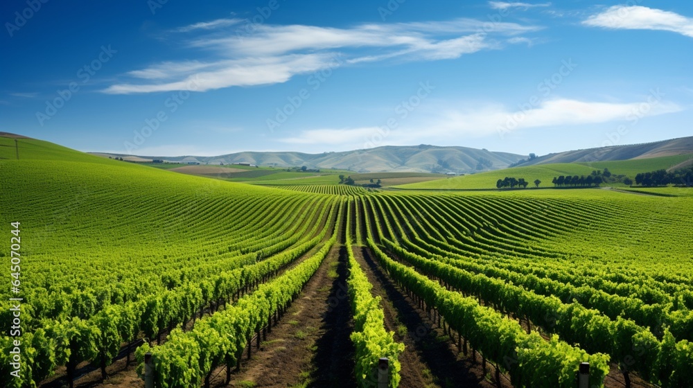 Rolling vineyards stretching out beneath a clear blue sky, promising a bountiful harvest 