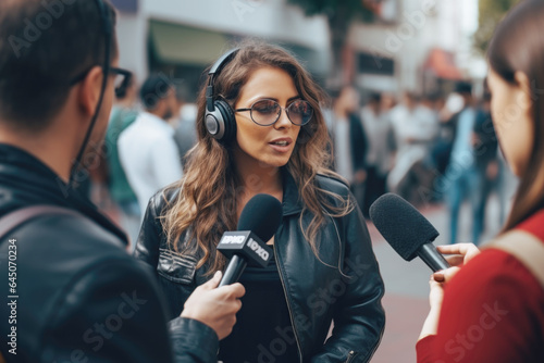 Young beautiful celebrity woman gives interviews outdoors