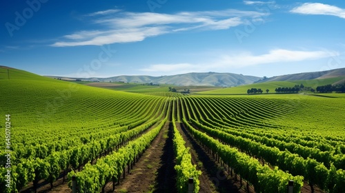 Rolling vineyards stretching out beneath a clear blue sky, promising a bountiful harvest  © nomi_creative