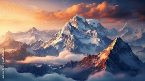 Rugged mountain peaks piercing through a sea of clouds, as if reaching for the heavens 