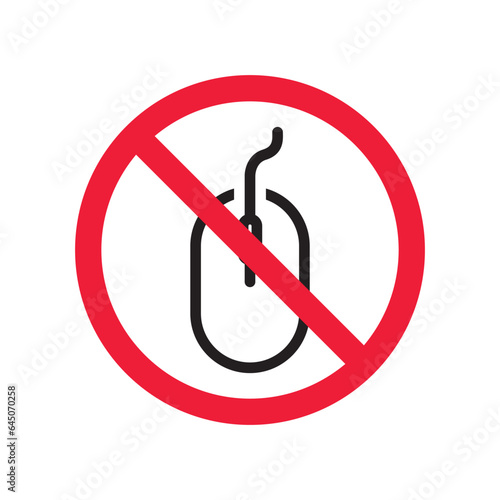 Forbidden computer mouse icon. No mouse device vector icon. No computer cursor pictogram. Prohibited computer mouse vector icon. Warning, danger, caution, attention, restriction. 