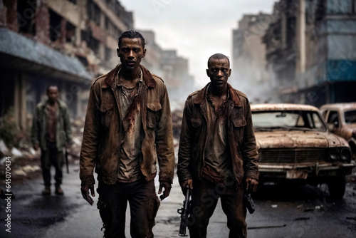 Zombies are on a deserted street lined with destroyed buildings and abandoned cars. Group of zombie figures in the background