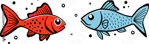 Two handdrawn fishes in doodle cartoon style. Red and blue fishes with air bubbles