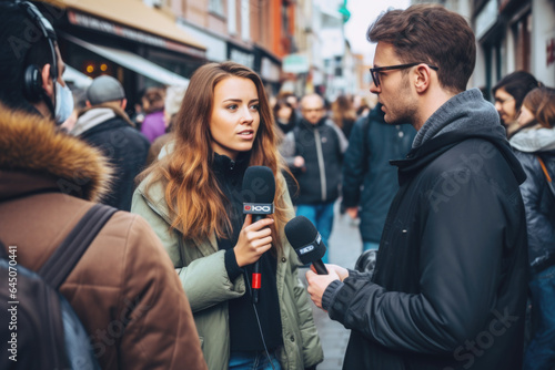 Young beautiful woman journalist interviews politician or celebrity outdoors

