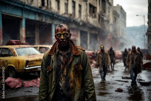 Zombies are on a deserted street lined with destroyed buildings and abandoned cars. Group of zombie figures in the background