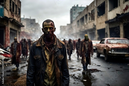 Zombies are on a deserted street lined with destroyed buildings and abandoned cars. Group of zombie figures in the background