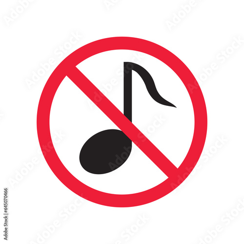 No music icon. Forbidden noise icon. No sound vector sign. Prohibited loud vector icon. Warning, caution, attention, restriction, danger flat sign design. Silence vector icon pictogram