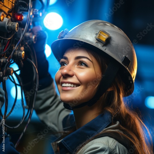 Happy female electrician at work. Generative AI photo