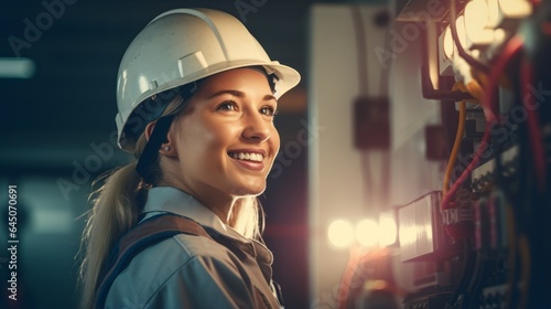 Happy female electrician at work. Generative AI © BraveSpirit