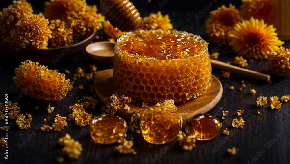 Honeycombs, flower on a dark background Honeycombs, flower on a dark background