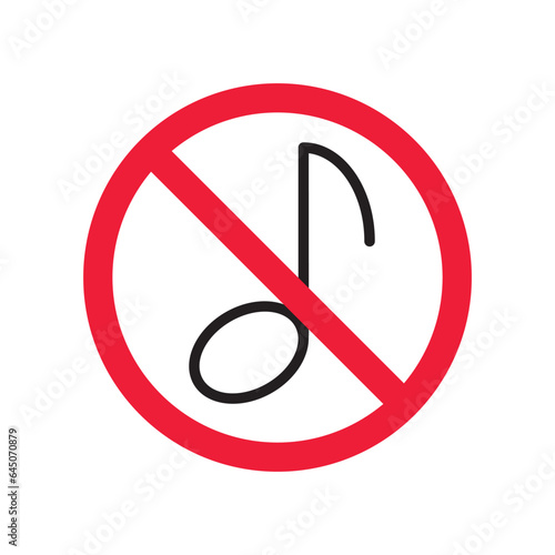 No music icon. Forbidden noise icon. No sound vector sign. Prohibited loud vector icon. Warning, caution, attention, restriction, danger flat sign design. Silence vector icon pictogram