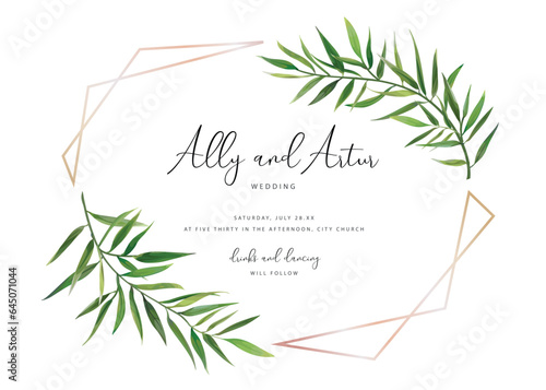 Palm tree leaves wedding invite card. Watercolor green, tropical leaf wreath, geometrical golden frame decoration. Vector illustration. Stylish, editable template design. Botanical style save the date