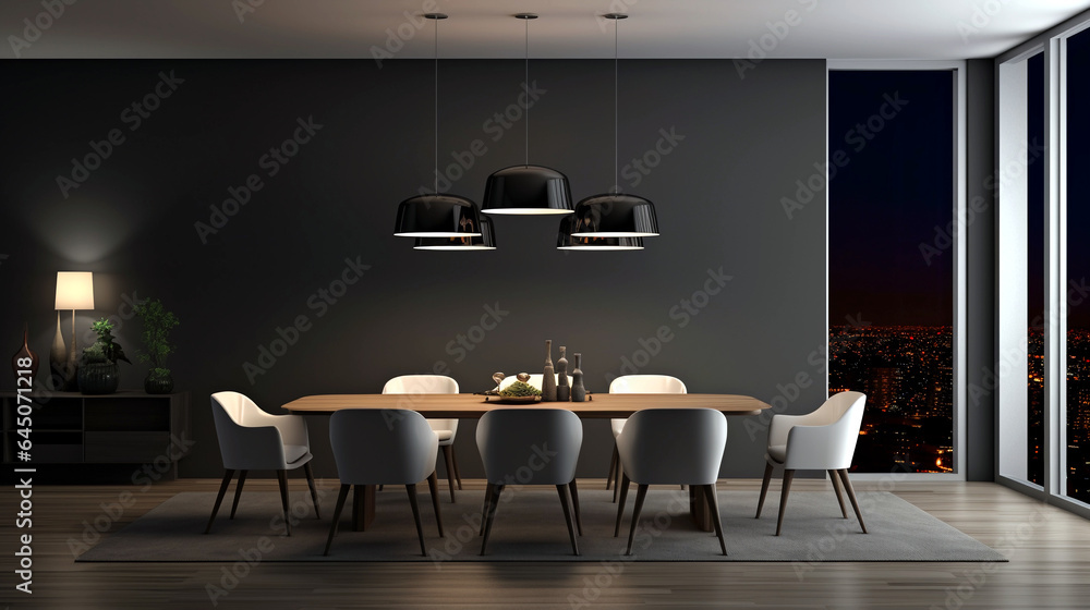 A modern apartment, the dining room boasts an elegant table and chairs, while the empty living room features a striking dark wall, all with a panoramic view, and a contemporary and spacious ambiance. - obrazy, fototapety, plakaty 